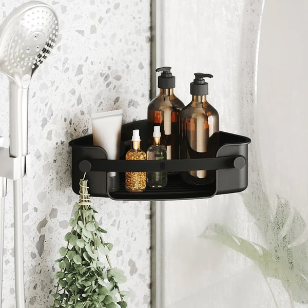 Επιτοίχια γωνιακή Ραφιέρα μπάνιου μονή Flex Adhesive Μαύρη 30x19x9cm Umbra
