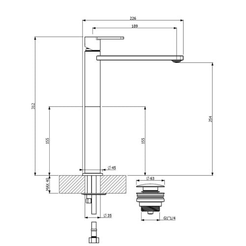 Μπαταρία νιπτήρος Μαύρη Glam ψηλή